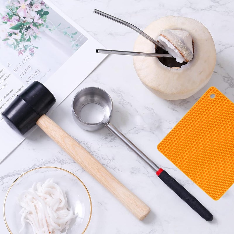CJFocus Coconut Opener Tool Set, Food Grade Stainless Steel Coco Opener Kit for Coconut Young & Mature, Coconut Shell Puncher Knife, Rubber Hammer with Wood Handle, Silicone Mat Shockproof - Image 5